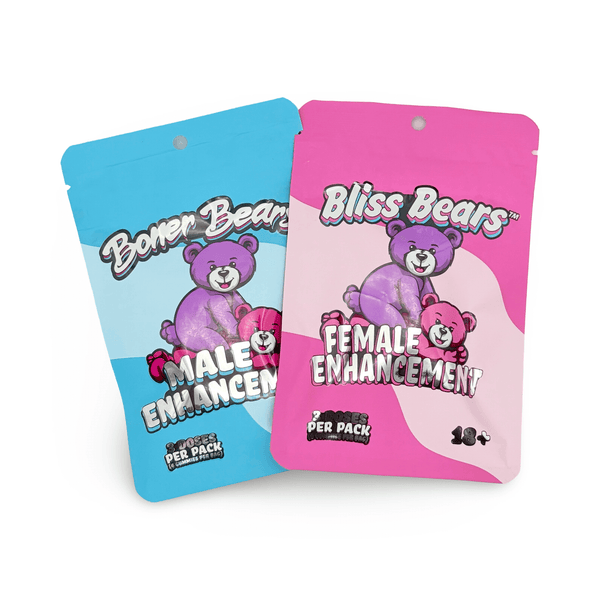 Boner Bears and Bliss Bears Gummies packs for male and female sexual performance enhancement.