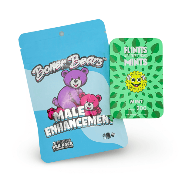 Boner Bears Male Enhancement Gummies and Flintts Mouth Watering Mints Mint 200 in a vibrant package.