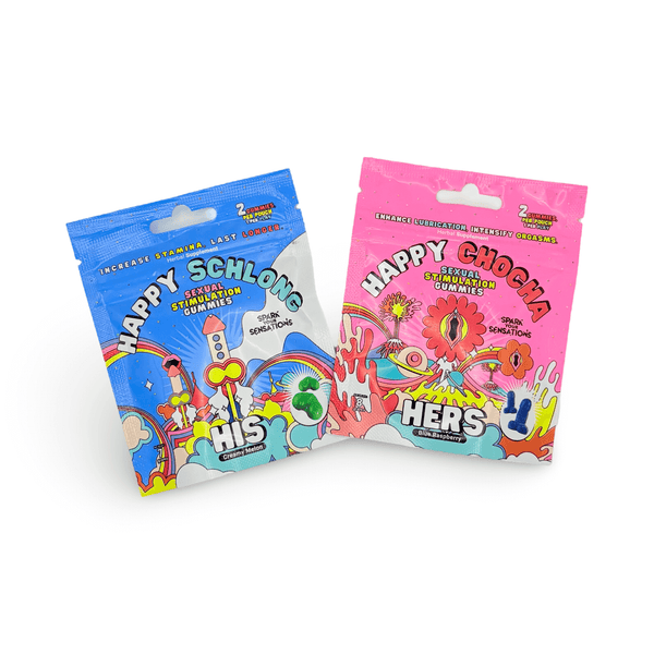 Happy Schlong and Happy Chocha Sexual Stimulation Gummies, 2 pack, colorful designs for enhanced libido.