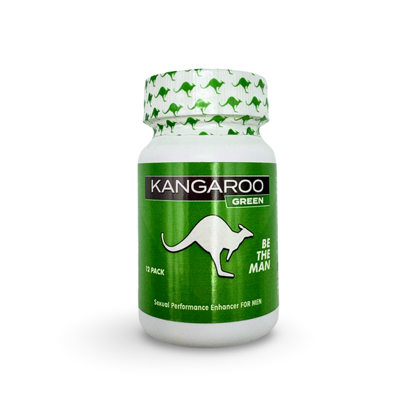 Kangaroo For Him Green Men's Performance Support supplement bottle 12ct for stamina and energy enhancement.