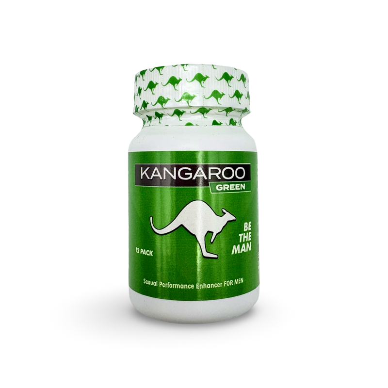 Kangaroo For Him Green Men's Performance Support supplement bottle 12ct for stamina and energy enhancement.