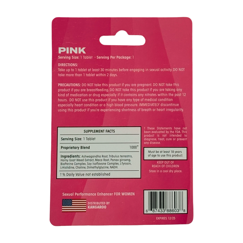 Back of Kangaroo For Her Pink supplement pack with directions and ingredients for women's wellness.