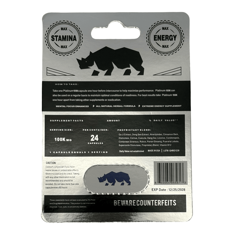Rhino Gold 100K Silver Edition – 24 Capsule Display | Men’s Vitality & Energy Support