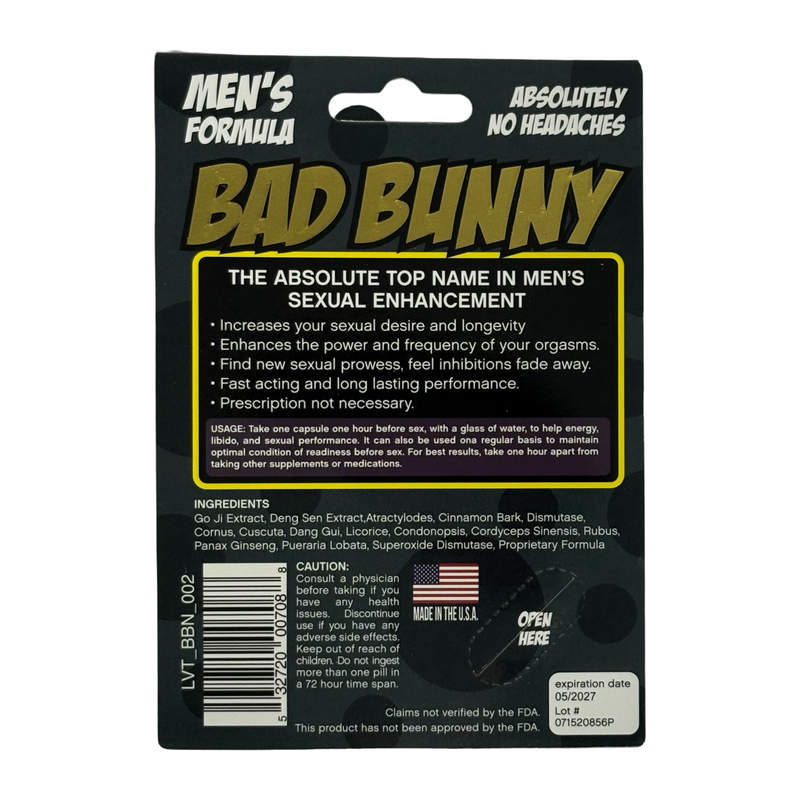 Bad Bunny Male Vitality Formula packaging with benefits for men's sexual enhancement and stamina support.