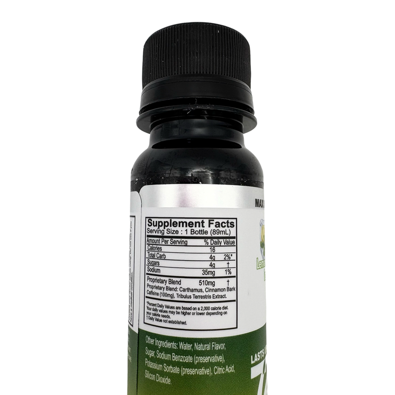 Supplement facts label for MaxFuel Polar Ice Energy Vitality Shooter, detailing ingredients and nutritional information.