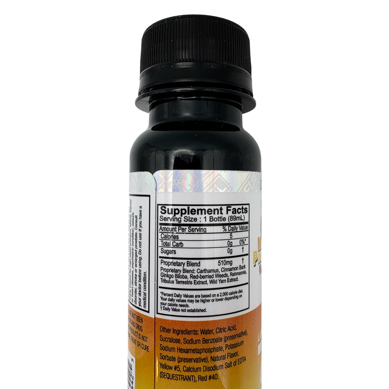 MaxFuel Mango Pineapple Vitality Stamina Shooter supplement facts label showcasing ingredients and nutrition details.