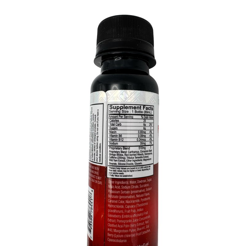 MaxFuel RedHot Cinnamon Vitality Shooter 3 fl oz bottle nutritional facts label showing ingredients and supplement information.
