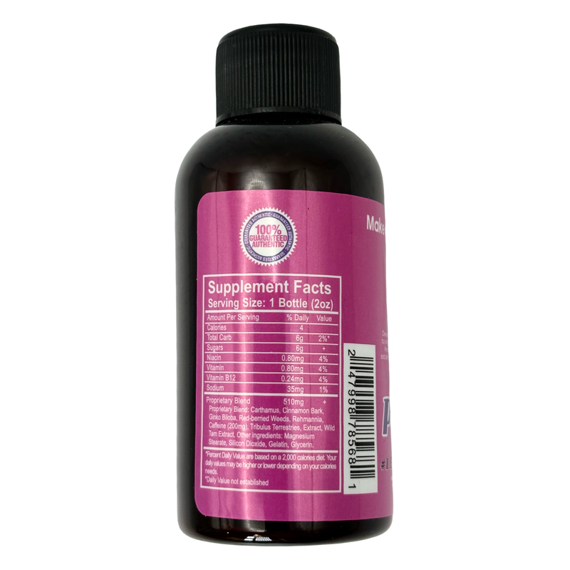 Pink Pussycat Shot 2 Oz bottle showing supplement facts and nutritional information for female enhancement.