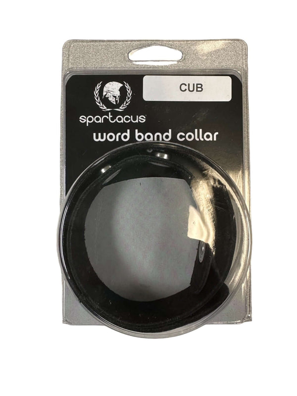 Spartacus SM Collar – CUB, adjustable BDSM faux leather collar with bold lettering in packaging.