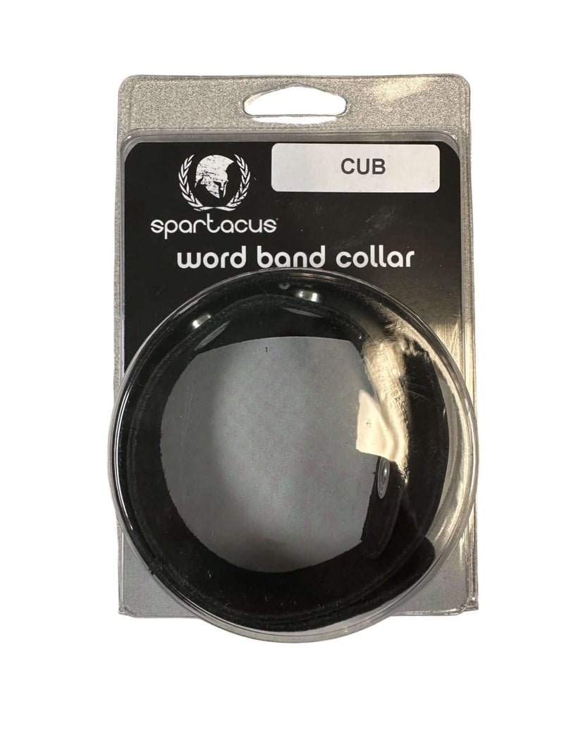 Spartacus SM Collar – CUB, adjustable BDSM faux leather collar with bold lettering in packaging.