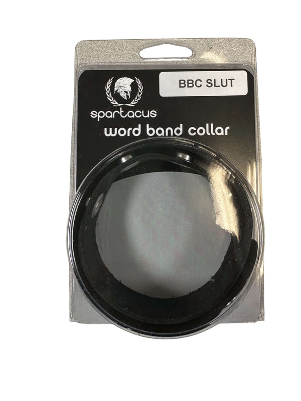 "Spartacus SM Collar with BBC Slut text, adjustable BDSM neck accessory for roleplay and power exchange, in packaging"