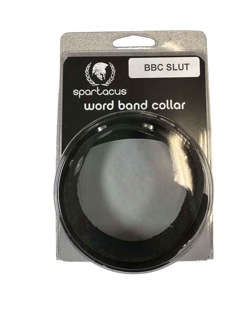"Spartacus SM Collar with BBC Slut text, adjustable BDSM neck accessory for roleplay and power exchange, in packaging"