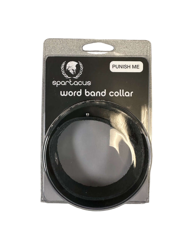Spartacus SM Collar packaging with "Punish Me" text, BDSM accessory for roleplay, oil-tanned leather collar with adjustable buckle.
