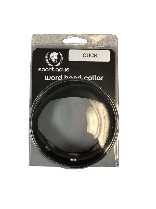 Spartacus SM Collar with "Cuck" lettering in packaging, BDSM adjustable leather neck collar for roleplay.