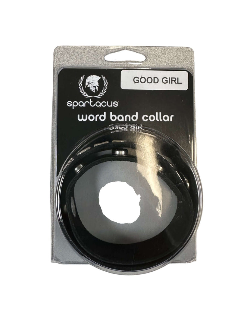 Spartacus Word Band Collar in packaging labeled 'Good Girl' for stylish and playful pet accessories.