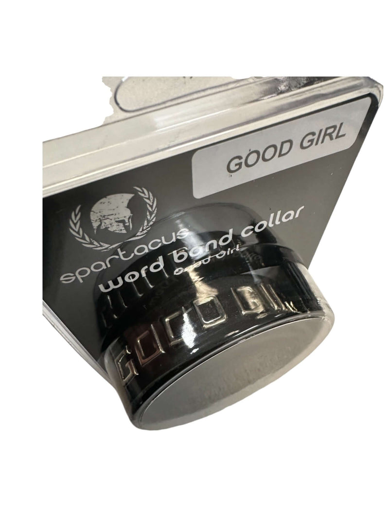 Spartacus Word Band Collar with 'Good Girl' in black packaging for playful pet accessories.