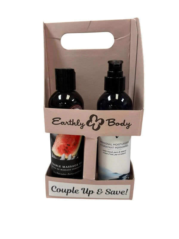Earthly Body Hemp Seed By Night Better Together Watermelon holiday caddy with massage oil and lubricant.
