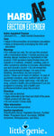 Label for Hard AF Erection Extender with active ingredients, warnings, and usage directions from Little Genie.