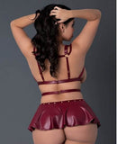 Lust Fetish Iris Burgundy Queen Size lingerie set featuring a structured cage-style mini dress and matching G-string.