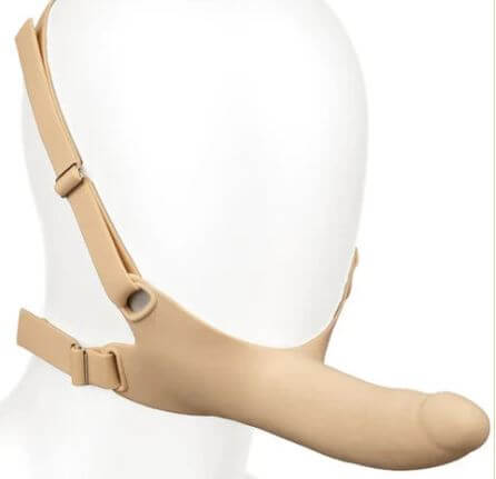Accommodator Silicone Dong in Ivory with adjustable head straps for hands-free stimulation.