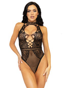 Net and Lace Keyhole Halter Bodysuit One Size Black showcasing a flattering halter neckline and keyhole design.