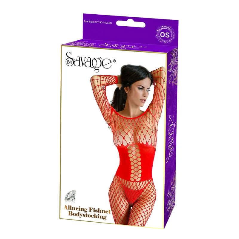 Red fishnet bodystocking in alluring design, showcased on packaging, featuring a model wearing it. Perfect for seductive outfits.