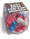 Titty Titty Yum Yum Strawberry Suckers 48 Count Bowl of colorful strawberry lollipops in a clear container.