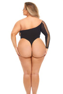 Pink Lipstick Dollar Sign Bodysuit Queen Size Black showcasing a striking asymmetrical design from the back.