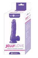 Get Lucky Jelly Love 9 Inch Dildo Purple in packaging showcasing its design and features.