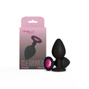Viben Gemma Pink Gem Black Silicone Butt Plug Medium with bright pink gemstone and Cheeky Charms packaging.