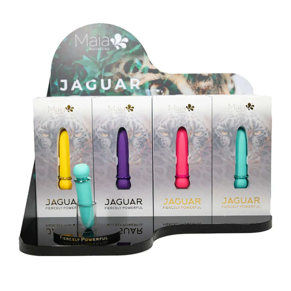 Display of MAIA NOVELTIES JAGUAR Bullet Vibrators in various colors, featuring 10 functions, waterproof design, and 100% body-safe Silicone.