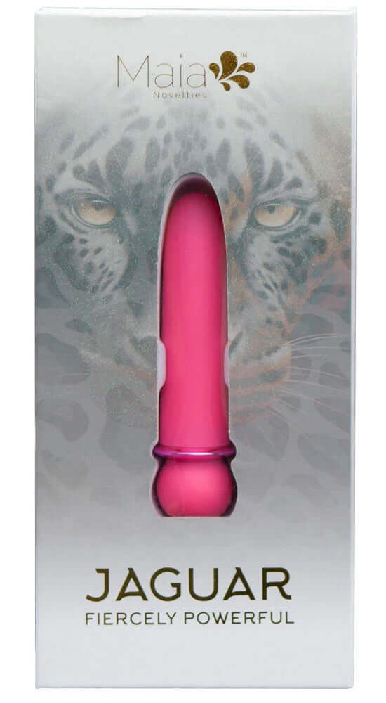MAIA NOVELTIES JAGUAR Powerful Bullet Vibrator in packaging with leopard background - 10-function design, 5 speeds, and waterproof silicon coating.