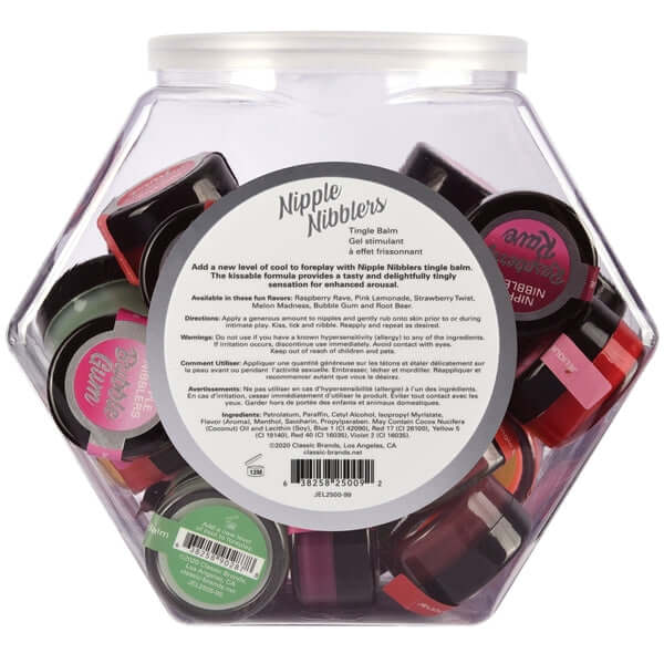Nipple Nibblers Tingle Balm Mini Retail Display Bowl 36 pc showing assorted flavors and kissable formula for enhanced arousal and pleasure.