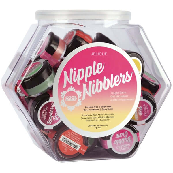 Nipple Nibblers Tingle Balm Mini Retail Display Bowl with 36 Assorted Flavors for Intimate Play and Arousal