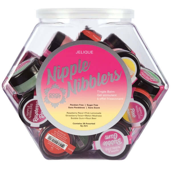 Nipple Nibblers Tingle Balm Mini Retail Display Bowl with 36 assorted flavors from Classic Erotica enhancing foreplay and pleasure.