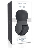 Jimmyjane Evoke Rol-o Vibrating Massage Wheel Black in sleek packaging for effective relaxation and invigorating massage.