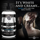 Master Series Jizz Cum Scented Water Based Lubricant 16 Oz bottle with a seductive model in the background.