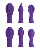 Three interchangeable heads of the JimmyJane Focus Sonic Vibrator Purple in a sleek design.