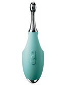 Jimmyjane Focus Pro Sonic Vibrating Massager in teal color with stainless steel design and control buttons.