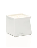 Jimmyjane Natural Massage Oil Candle 4.5 Oz Santal in a sleek white container with a wooden wick.