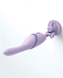 JimmyJane Hello Bang Thrusting Vibrator Lavender mounted on a wall, showcasing its sleek design and lavender silicone finish.