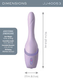 JimmyJane Hello Bang Thrusting Vibrator Lavender dimensions, 10.2 in. tall, 2.5 in. wide, and 0.9 lbs weight.