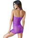 Purple lace fishnet mini dress lingerie showcasing a stylish back design, perfect for intimate occasions.