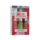 JO Tri Me Flavors Triple Pack Lubricant Set featuring H2O Cucumber Melon, Tropical Passion, and Strawberry Kisses.