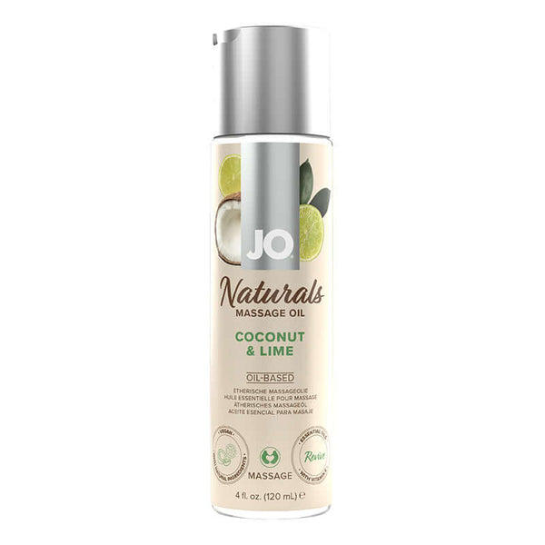 JO Naturals Coconut & Lime Massage Oil 4 oz, oil-based formula with essential oils for skin restoration.