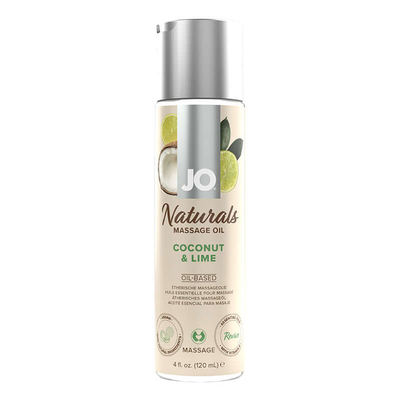 JO Naturals Coconut & Lime Massage Oil 4 oz, oil-based formula with essential oils for skin restoration.