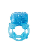 The Macho Pulsating Erection Vibrating Cock Ring Blue showcasing its soft silicone design and pulsating feature.