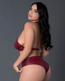 Model showcasing Lust Fetish Juno Burgundy Queen Size lingerie set from the back, highlighting its sleek design and fit.