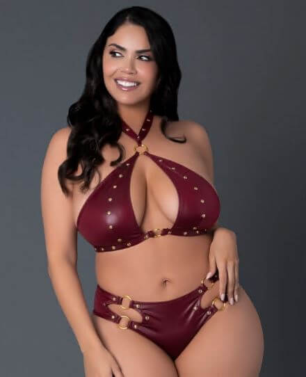 Lust Fetish Juno Burgundy Queen Size lingerie set featuring a bold design and wet look finish.