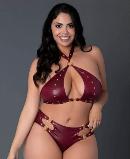 Lust Fetish Juno Burgundy Queen Size lingerie set highlighting bold design and seductive sheen.
